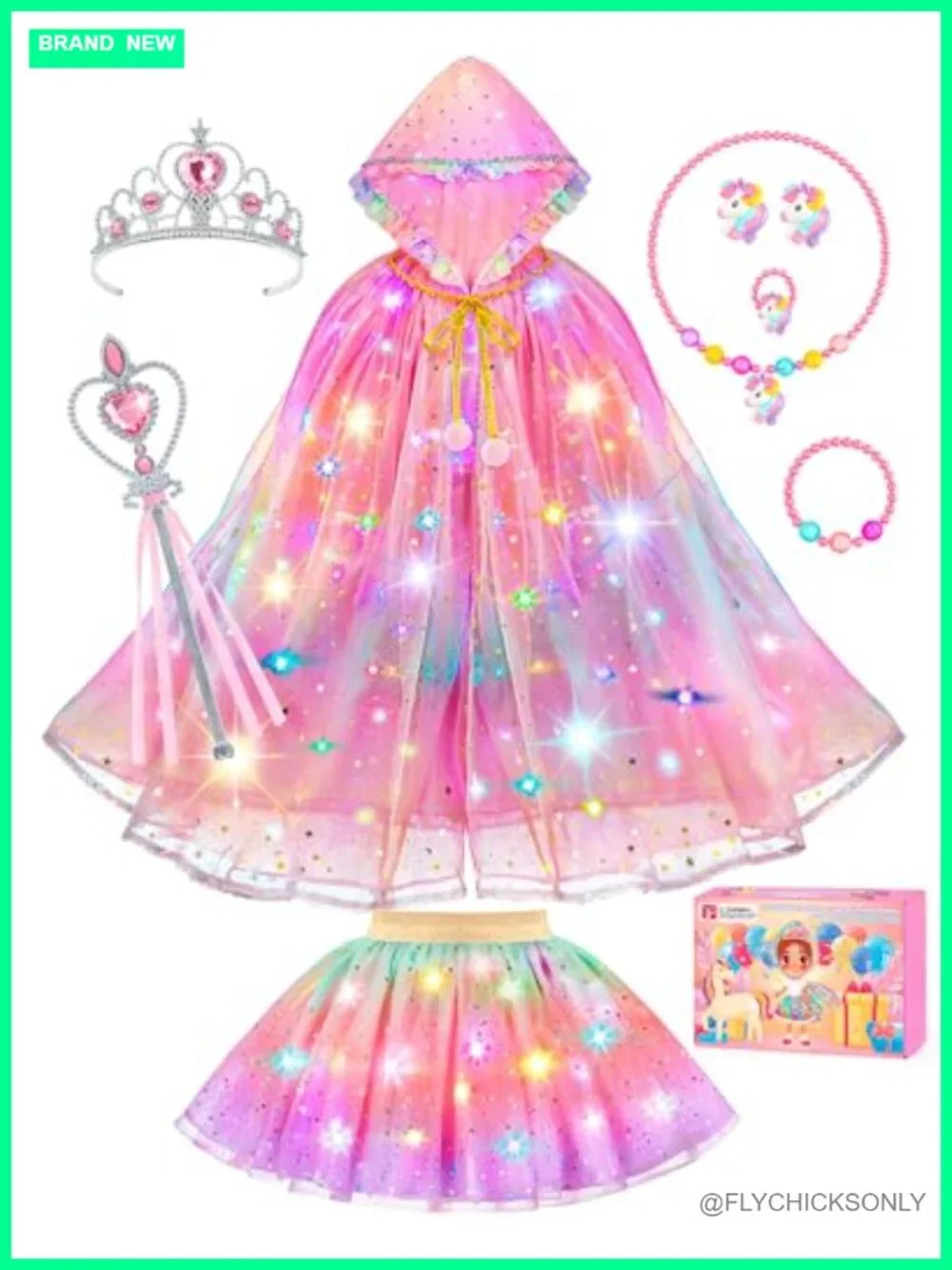 Light Up Unicorn Princess Dress Cape Tutu Set with Crown Wand for Girls